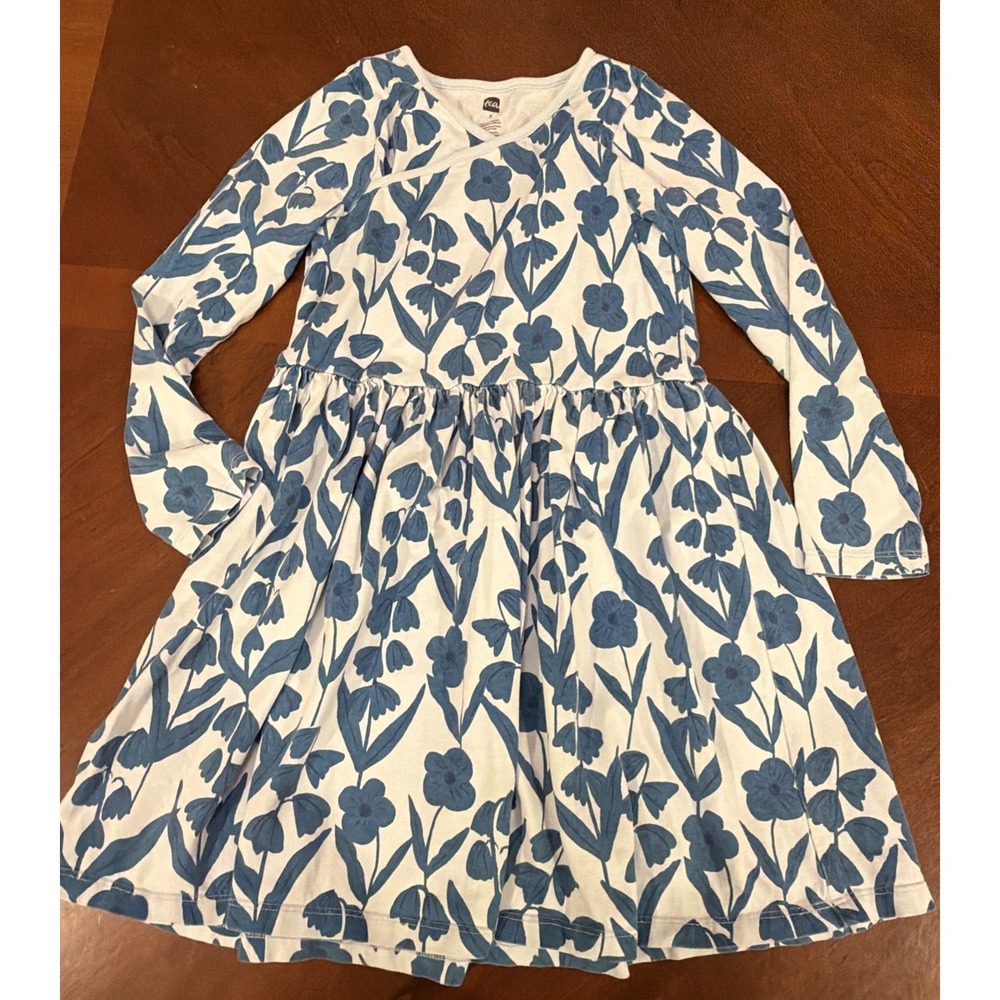 Tea Collection Girls Floral Dress Blue Long Sleeve Twirl Size 7